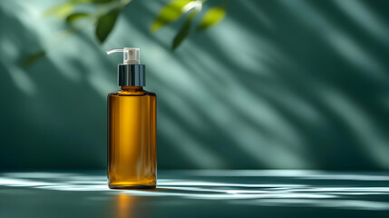 Naklejka premium Amber Glass Bottle with Pump Dispenser on Teal Surface with Leaf Shadows Illustration