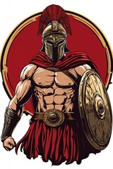 Obraz premium Digital art of muscular soldier in helmet with shield and spear