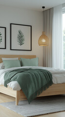 A modern farmhouse bedroom with soft green accents, white walls, and a wood bed frame, layered linen pillows and blanket, a small wooden nightstand beside the window with black-fra