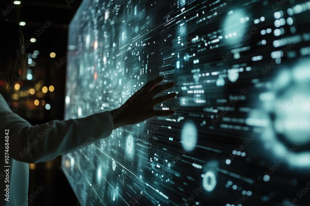 Aufkleber hand interacting with digital data on large screen, concept of advanced human-computer interaction.