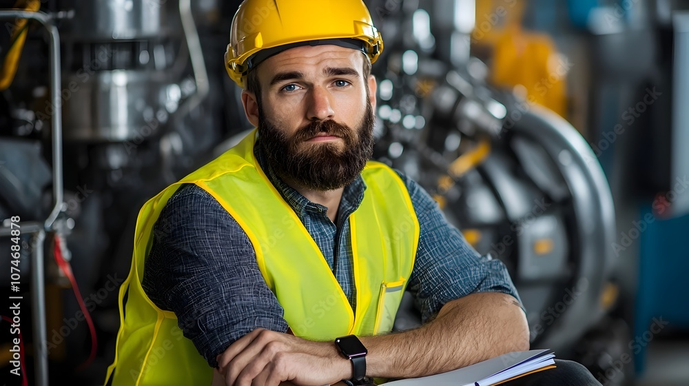 Poster a focused engineer wearing a yellow safety vest and helmet sits with a notebook examining machinery 