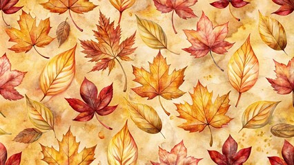 Fototapeta premium Watercolor illustration of a seamless pattern featuring vibrant autumn leaves in shades of red, yellow, and orange, set against a textured beige background.