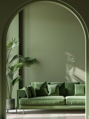 A cozy green couch adorned with pillows in a modern living room with an archway and natural lighting. The sleek design and minimalistic aesthetic create a welcoming lounge area.