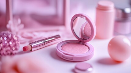 Cosmetics designed for a female clientele, featuring various makeup tools and products in pink and related hues.