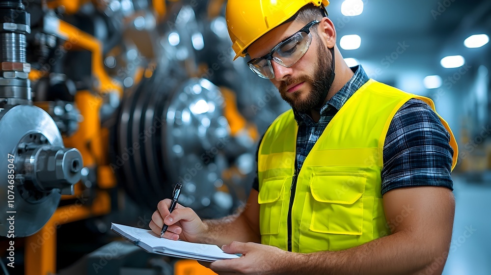 Poster close up shot of a focused and professional engineer in a yellow vest and helmet working intently on