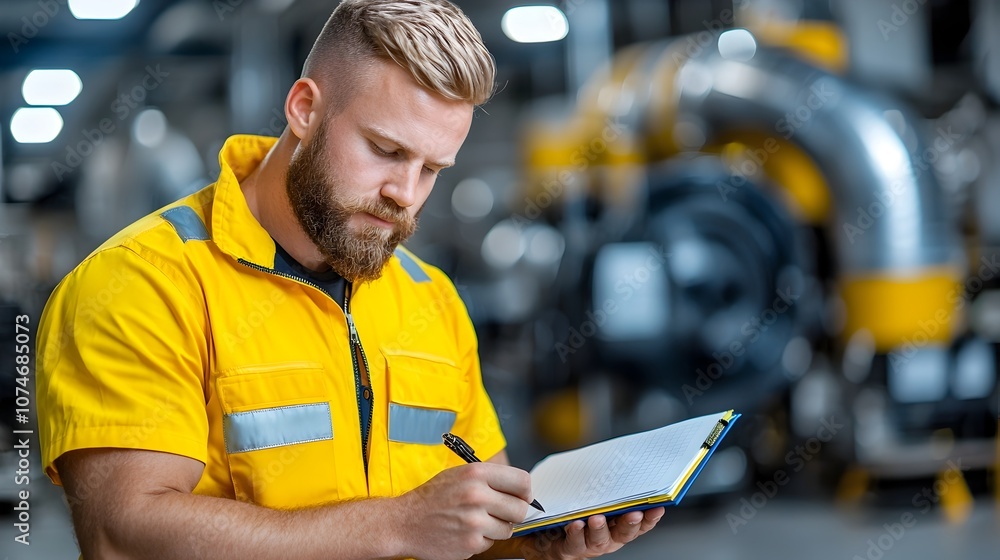 Aufkleber engineer in yellow safety gear working on a notebook with engine room machinery behind focused on te