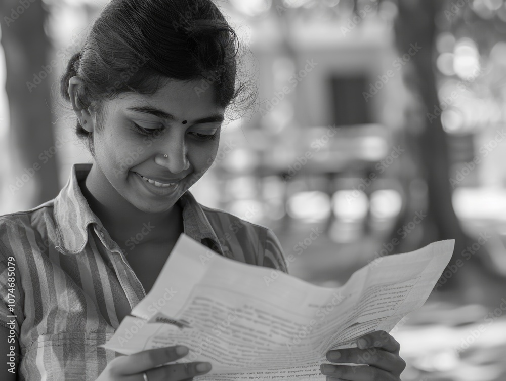 Poster woman is reading a piece of paper with a smile on her face. the paper is open to a page with a messa