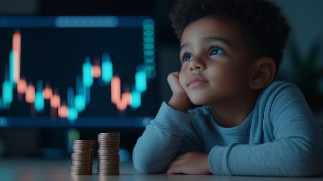 thoughtful child gazes at financial chart, surrounded by coins, contemplating future investments and wealth. scene conveys curiosity and ambition.