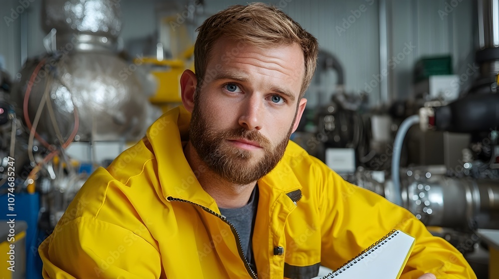 Fototapete Professional engineer in yellow safety gear sitting in front of a notebook surrounded by industrial machinery in an engine room focusing on technical tasks and project analysis