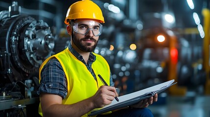 Industrial setting with an engineer in a yellow vest and helmet sitting in front of a notebook surrounded by an engine room background filled with various machinery equipment and technology