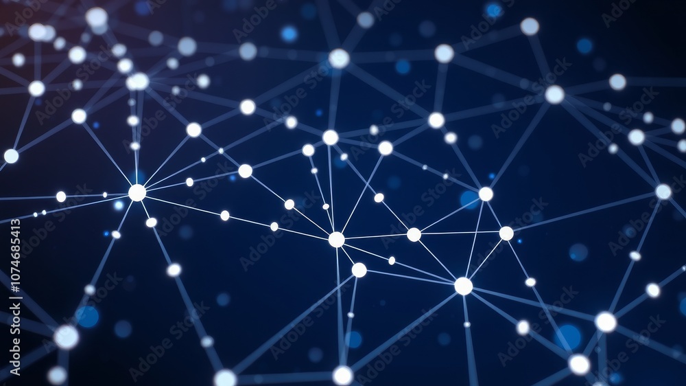 Poster abstract dark blue background with glowing white dots creating a photorealistic network or constella