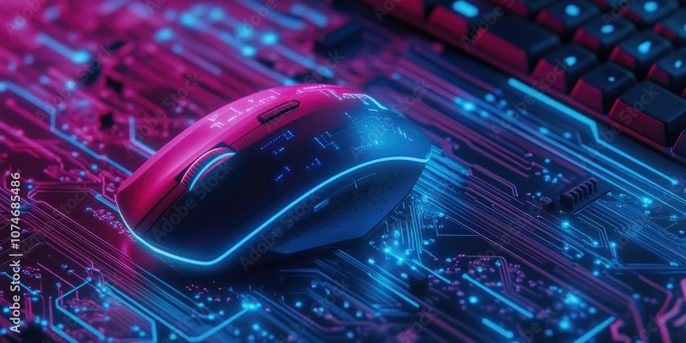 Poster illuminated computer mouse with led lights on circuit board keyboard. high-tech digital artwork feat
