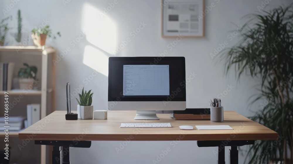 Aufkleber an adjustable height desk holds a computer and accessories, surrounded by plants and natural light s