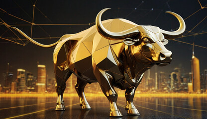 Golden, geometric bull sculpture with a stock market chart backdrop, symbolizing financial growth and a bullish market trend.