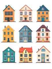 A set of six colorful houses in a variety of styles and sizes, ideal for real estate or housing topics.