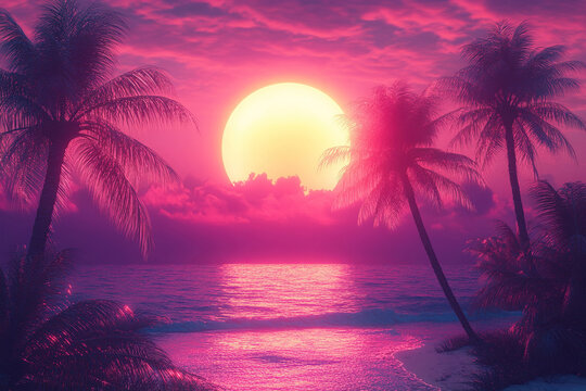 Retro style tropical sunset with palm tree silhouette and pink style. Classic 80s design illustration.