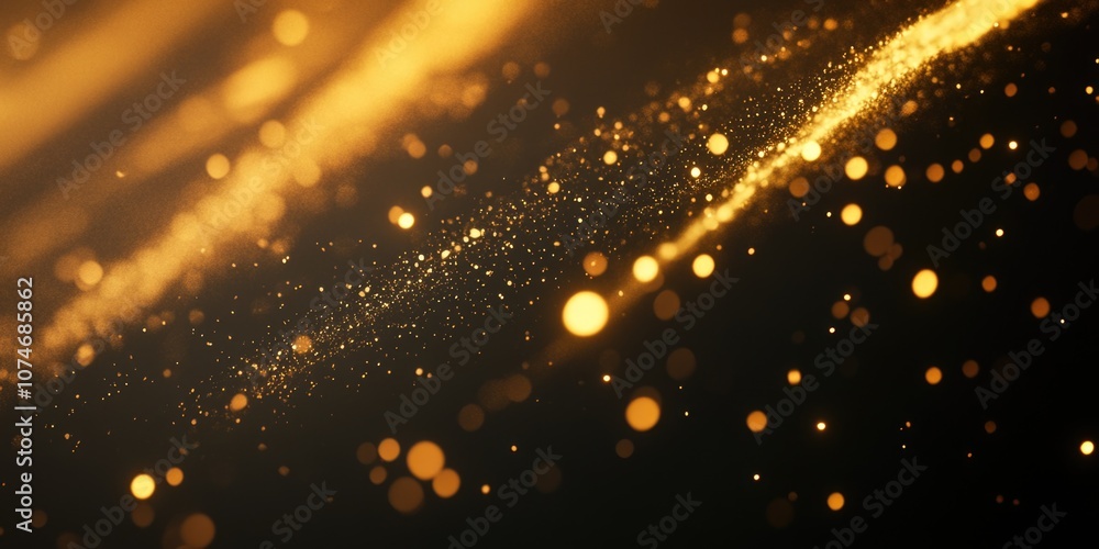 Poster gold and black background with a lot of sparkles. the sparkles are scattered all over the background