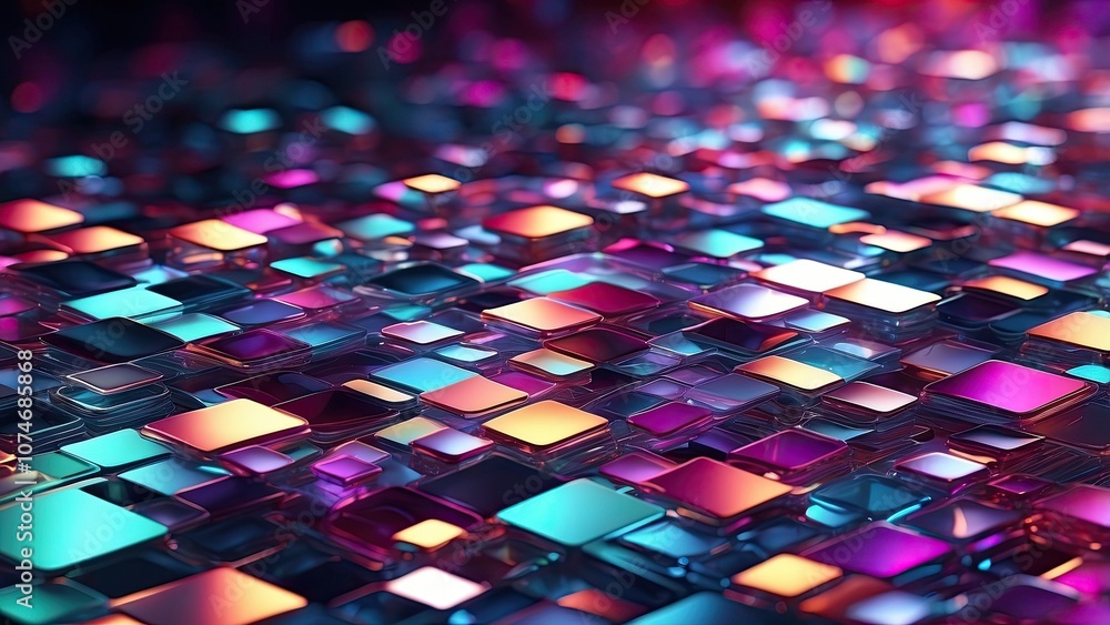 Poster glass squares with a neon holographic gradient and a colorful light emitter make up this abstract 3d