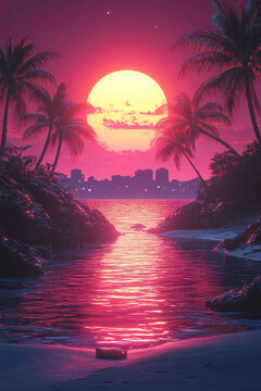Retro neon romance. Neon sunset with palm trees over water. 80s futuristic landscape concept.