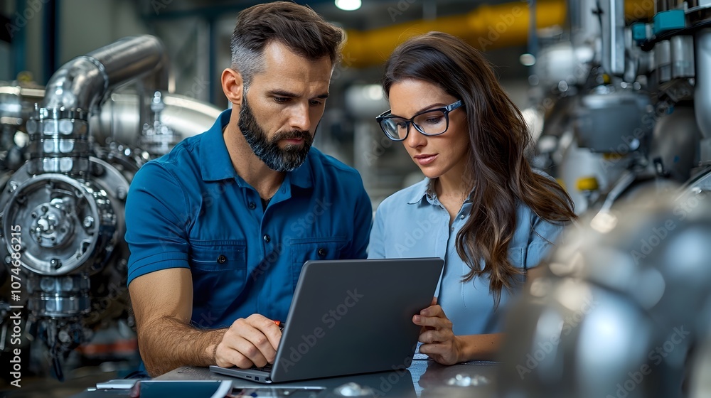Poster Two engineers a male and a female working together on a notebook computer in an engine room setting surrounded by various machinery and equipment