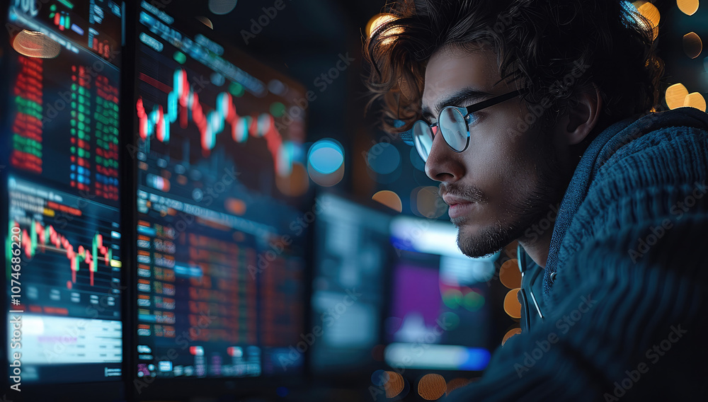 Poster a guy working at a computer, trading stocks, but he is losing money and his expression is not good.