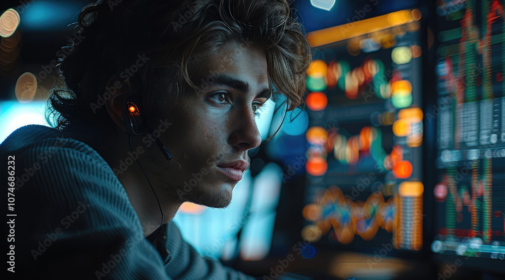 Poster a guy working at a computer, trading stocks, but he is losing money and his expression is not good.