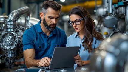 Two engineers a male and a female working together on a notebook computer in an engine room setting surrounded by various machinery and equipment