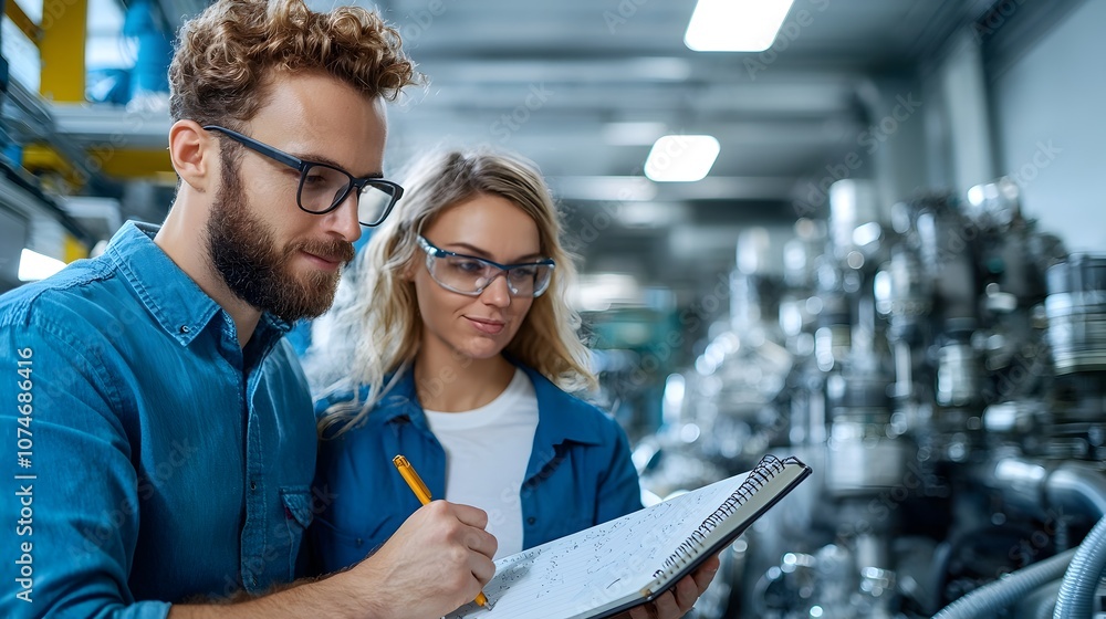 Poster two engineers a man and a woman are reviewing technical data and information displayed on a laptop o