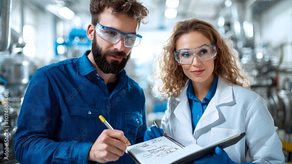 Poster two engineers a man and a woman working together on a project in an engine room environment with fai