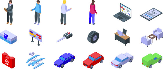 Dealership icons set. Isometric icons representing various aspects of a car dealership, including vehicles, salespeople interacting with customers, office furniture, and equipment