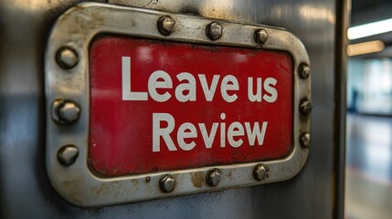 Industrial red sign with urgent review request message