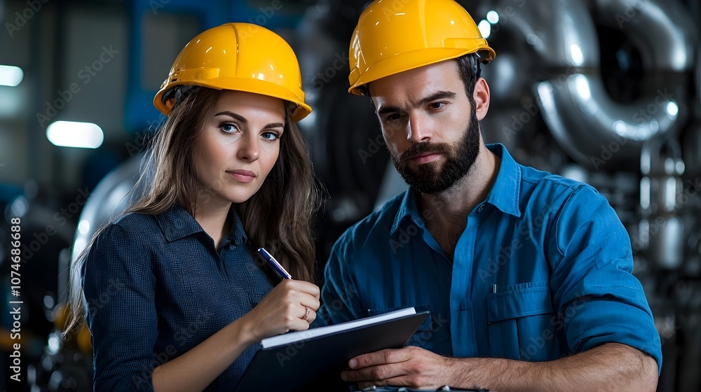 Poster Two Engineers Wearing Safety Helmets Working Together on a Notebook in an Engine Room with Machinery and Equipment in the Background under Fair Lighting Conditions