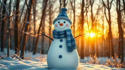 Fototapeta premium Cheerful Snowman in Snowy Forest at Sunset - Winter Joy and Playfulness