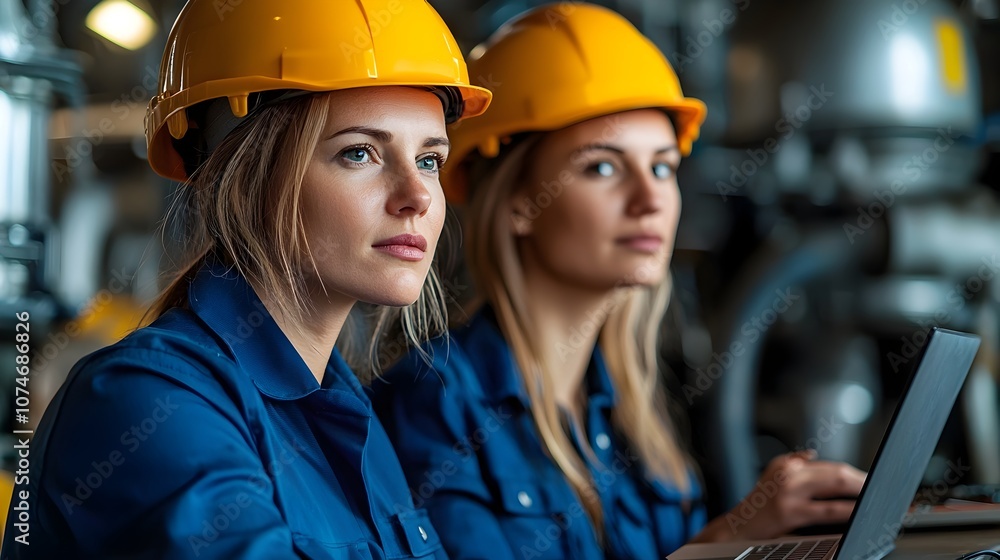 Fototapete two engineers a man and a woman wearing safety helmets sitting in front of a notebook computer focus