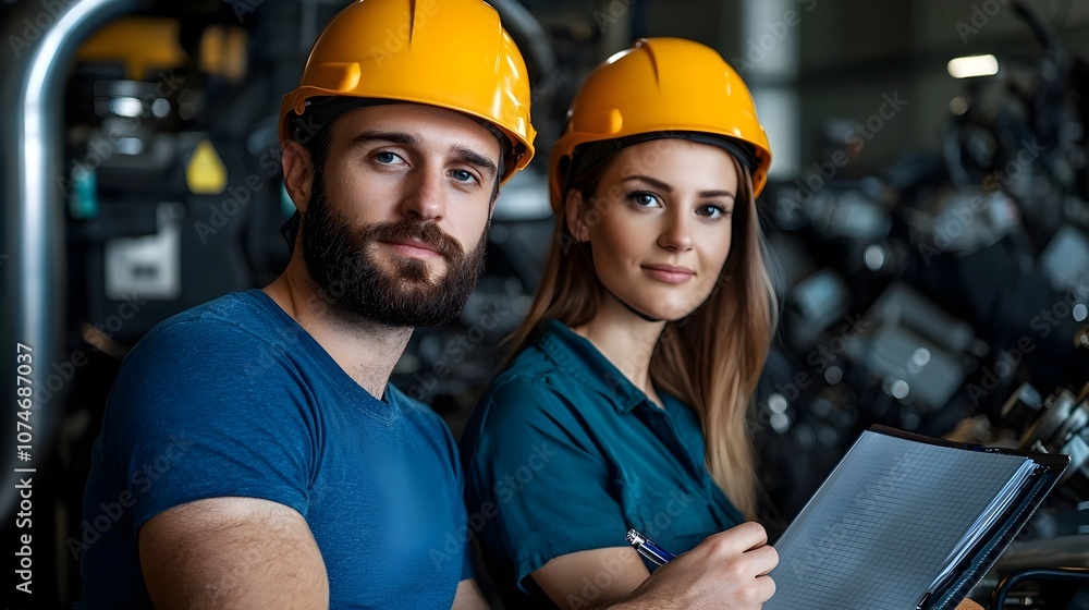 Poster two engineers a man and a woman wearing safety helmets sitting together at a notebook in an industri