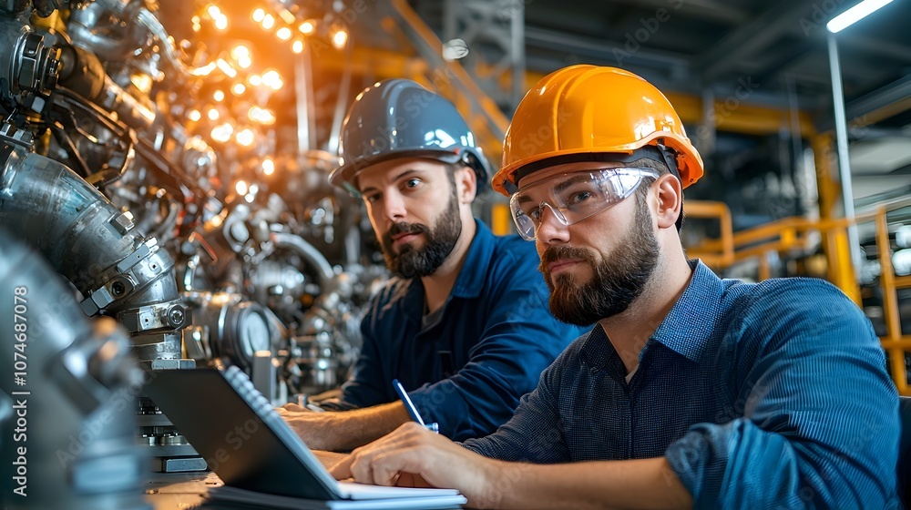 Fototapete Two professional engineers wearing helmets sit focused in front of a notebook working on technical tasks and examining machinery in the well lit engine room of an industrial facility