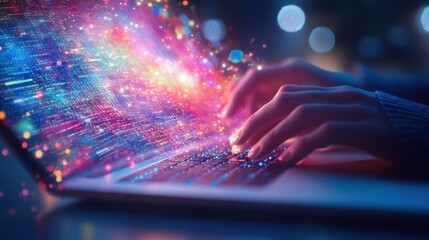 Programmer designing a colorful website on a laptop, focus on vibrant code and UXUI elements, close up, creative web development, vibrant, Overlay, modern office backdrop