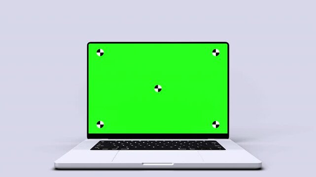 3d render of a laptop opening on a light background with a lights screen with tracking marks with camera zoom