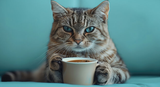 A lazy cat elegantly grasping a cup of coffee with its paw. The pure cyan background is clean and sharp, enhancing the modern feel.