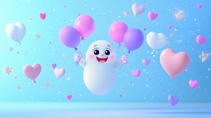 A cheerful, cartoonish ghost floating with pink and purple balloons in its hands against a gradient blue background. The scene is decorated with floating hearts and glittering stars to give a magical.