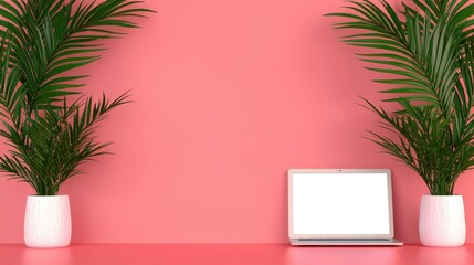 Bright and Stylish Workspace with Minimalist Laptop Surrounded by Green Palms against a Vibrant Coral Background in Modern Interior Design Setting
