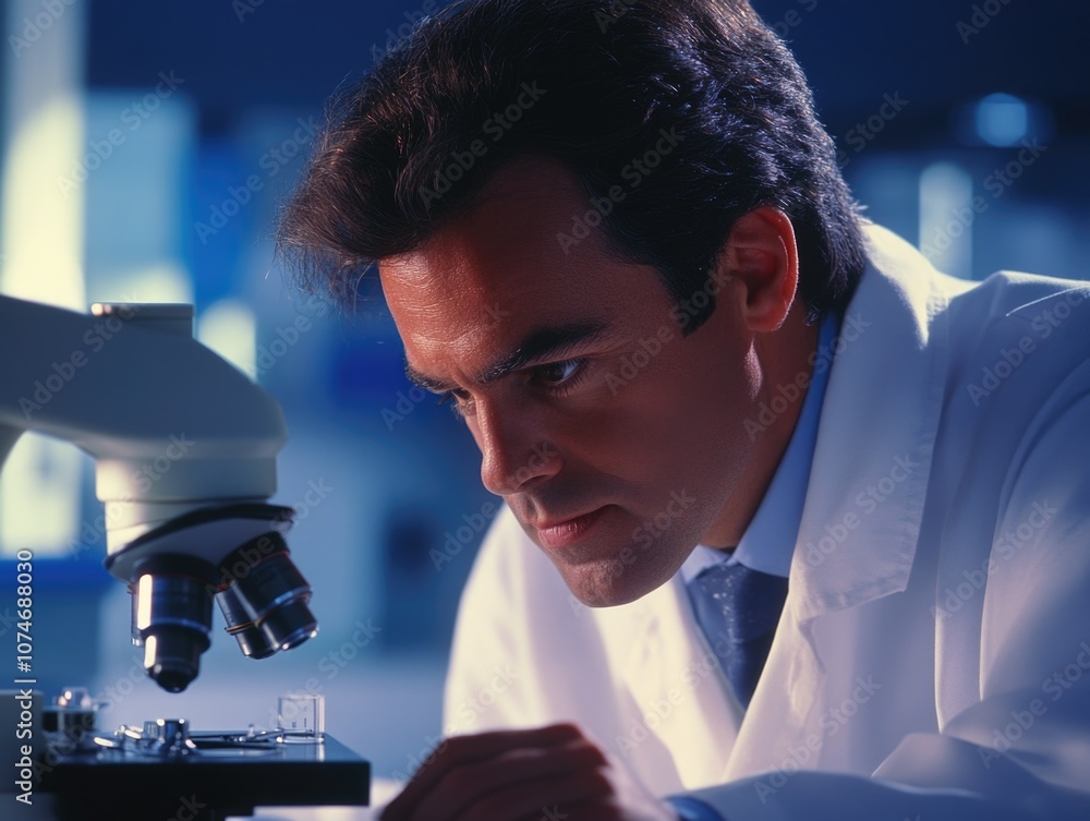 Poster man in lab coat using microscope. concentration and analysis.