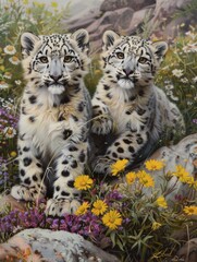Fototapeta premium A pair of snow leopards in a wildflower meadow.