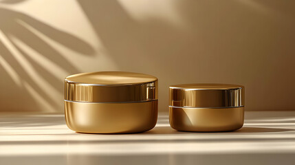Golden Cream Jars with Shadow Light Product Mockup 3D Illustration