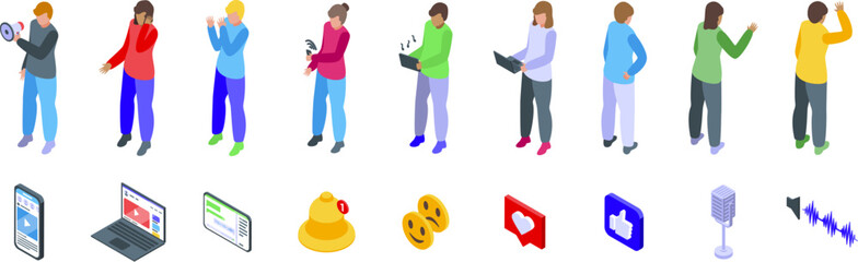 Listen social media icons set. Isometric set of people creating and interacting with online content, accompanied by relevant social media icons