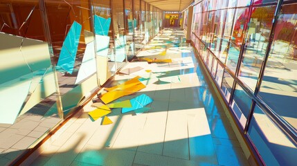 Obraz premium Remnants of Consumer Culture: Abandoned Shopping Mall with Shattered Glass and Graffiti in Vibrant Colors, Symbolizing Economic Collapse