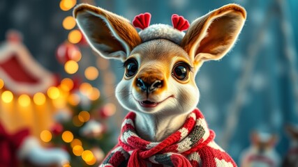 Cute Kangaroo in Vintage Christmas Attire - High-Resolution Photography