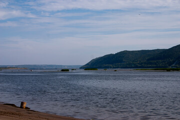 View of the shore of the lake in the summer with a blue sky