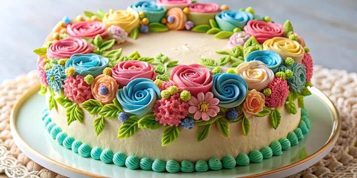 A pastel-hued cake adorned with a vibrant floral frosting design, showcasing a delicate arrangement of roses, carnations, and other blooms, symbolizing the beauty and sweetness of a special occasion.