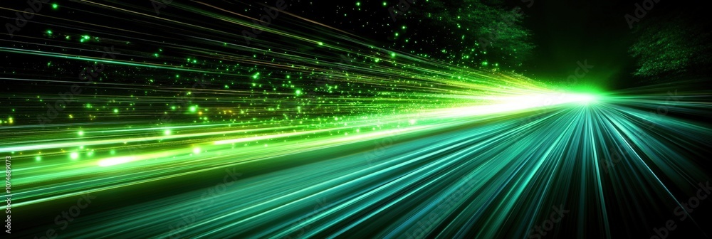 Poster abstract futuristic background with vibrant light trails and sparkling particles illuminating a dark